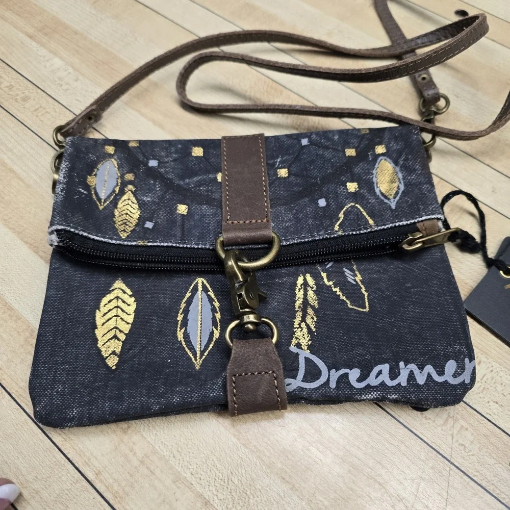 Mona B. Gold Feathers Tribal Dreams Rustic Canvas Crossbody‎ Foldover Purse Bag